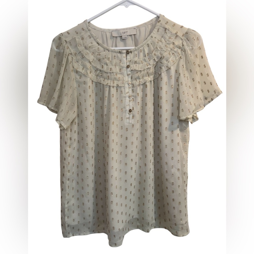 New LOFT Blouse Ivory Ruffle Detail Top Short Sleeve Boho Size S - Picture 1 of 7
